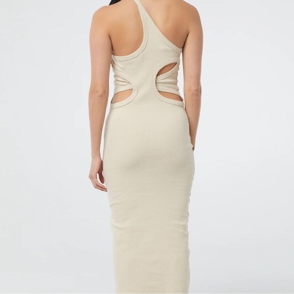 The Line by K Gael Asymmetrical One Shoulder Ribbed Maxi Dress in Oat Tan M - Picture 2 of 8